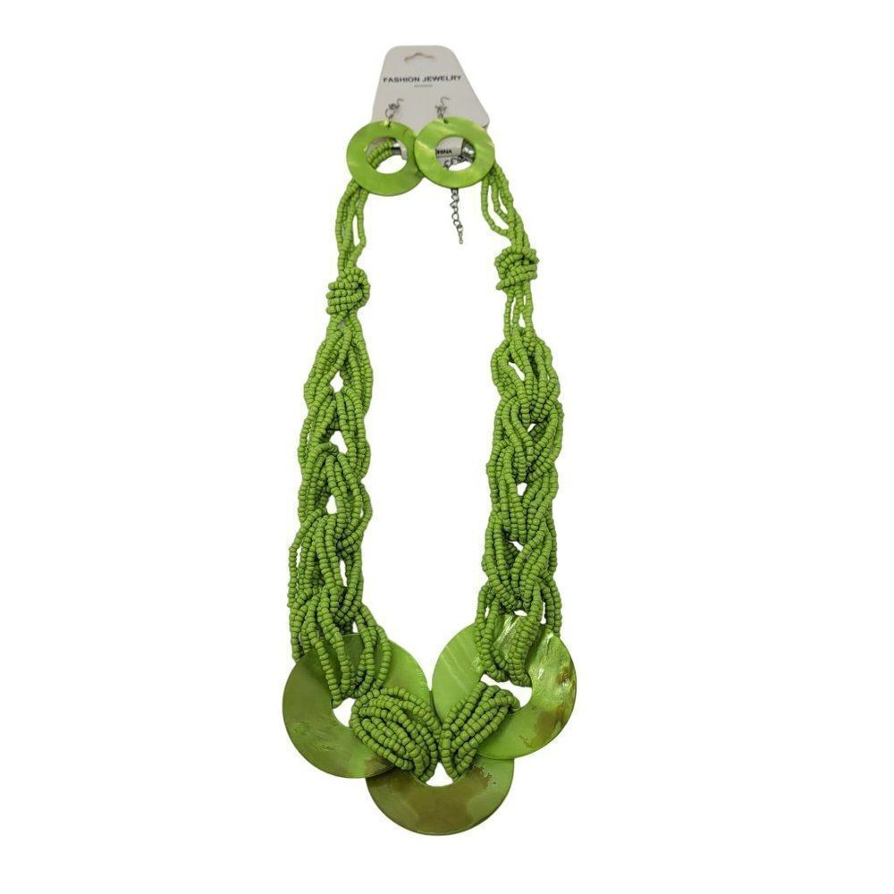 Lime Green Multi Strand Seed Bead Shell Statement Necklace Shell Dangle Earrings
